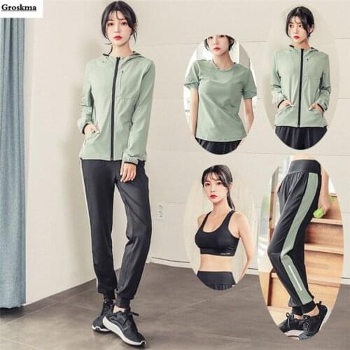 Quick Dry Outdoor Sports Running 4 Piece Set Women Yoga Coats+T Shirt+Bra+Shorts+Pants Fitness Gym Suits Sportswear Clothing
