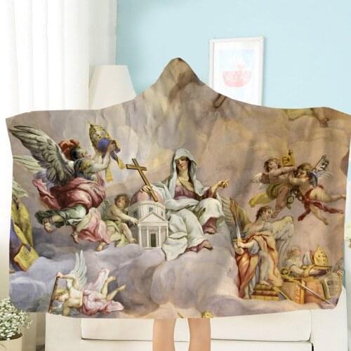 Angel Oil Painting Hooded Blanket Europe Character Artistic Fleece Blanket For Bedroom Wearable Blanket 3D Print Throw Blanket