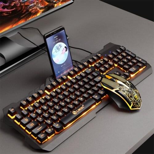 T21 backlit computer keyboard and mouse set , Wired Ergonomic Keyboard With Phone Holder Gamer Keyboard For Tablet Desktop