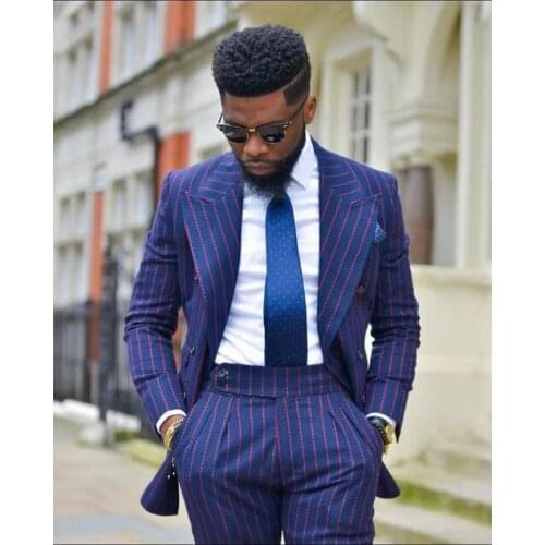 New Design Navy Blue Stripe Double Breasted Men Suits Costume Homme Groom Wear Tuxedos Wedding Terno Masculino Slim Fit 2 Pieces