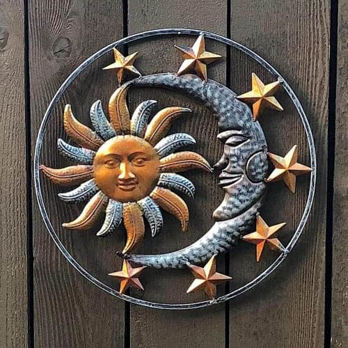 Metal Sun Moon Wall Sculpture Celestial Icons of Astronomy Garden Decoration Outdoor Sun Catcher Vintage Home Decor Ornament