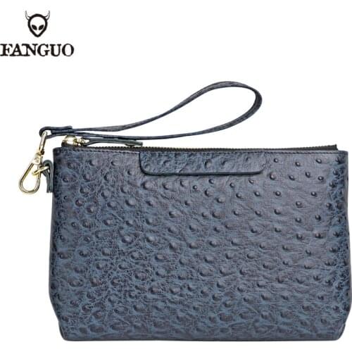 Genuine Leather Mens Handbag Retro Ostrich Pattern Clutch Business Clutch Men Mobile Phone Bags Long Zip-up wallets