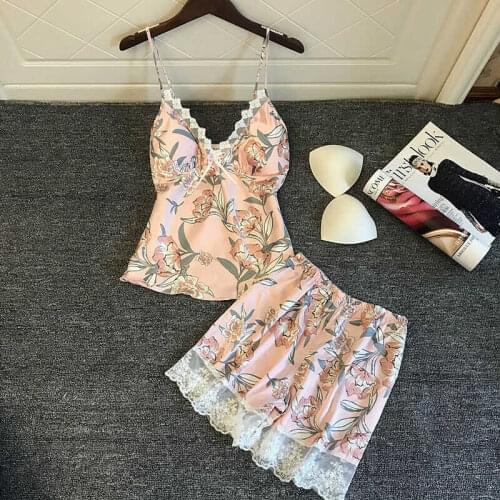 Sexy Lingerie 2pcs Nightwear Women Satin Lace Sleepwear Shorts Pjs Pyjamas Set Summer Sleeveless printed Pajama Sets