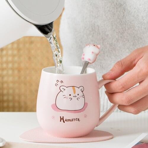 Kawaii Hamster Mugs Creative Cartoon Ceramic Coffee Cup With Lid Spoon Cute Personality Mugs Office Milk Tea Breakfast Water Cup