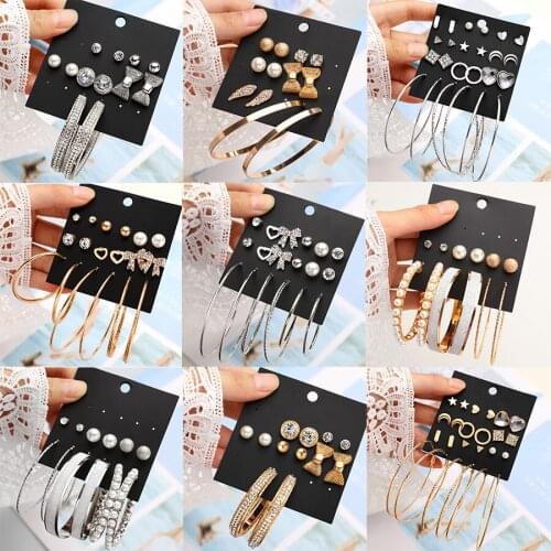 Vintage Bohemian Earring Set Big Round Dangle Rhinestone Star Moon Heart Shape Imitation Pearl Stud Earring Women Party Jewelry