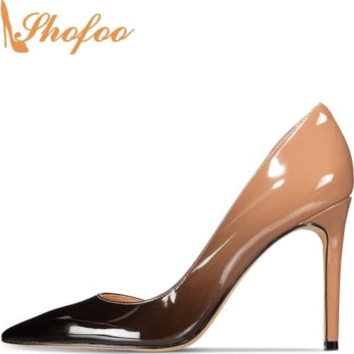Nude/Black Ombre Pumps High Thin Heels Women Patent Leather Pointed Toe Big Size 14 15 Ladies Fashion Office Mature Shoes Shofoo