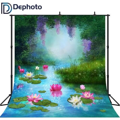 DePhoto Vinyl Photography Backgrounds Tree River Lotus Children Wonderland Spring Summer Season Decor Backdrop for Photo Studio