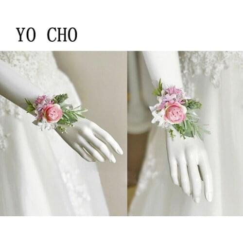 YO CHO Romantic Elegant Pinks Artificial Wrist Flower Corsages Flower Bridesmaid Sister Hand Flower Bride Flowers Wedding Decor