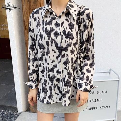 Korean Print Office Lady Blouse Women Print Leopard Loose Tops Fashion Turn-down Button Shirts Elegant Loose Clothes 8717 50