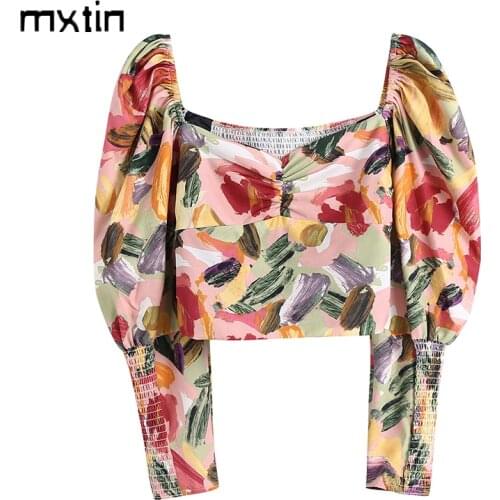 2021 Women Spring Fashion Floral Print Elasticity Cropped Blouses Vintage V Neck Puff Sleeve Female Shirts Blusas Chic Tops