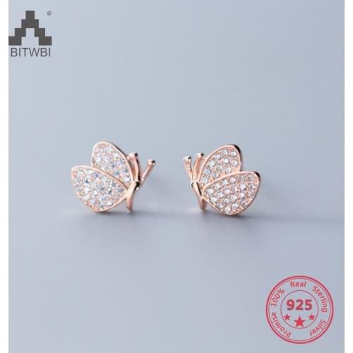 Wholesale Japan Korea Style 925 Sterling Silver Fashion Sweet Beautiful Rose Gold Diamond Butterfly Stud Earring Women Jewelry