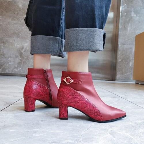 YMECHIC 2019 Women Winter Boots Autumn Snakeskin Shoes Buckle Patchwork Black Wine Red Ankle Boots Bootie Plus Size Footwear
