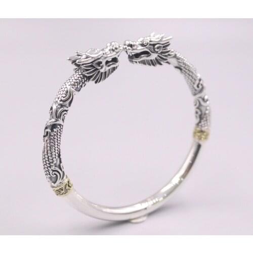 Real 999 Silver Bangle For Women Double Dragon Pattern Best friend Gift Man females Bracelet 60-65mm