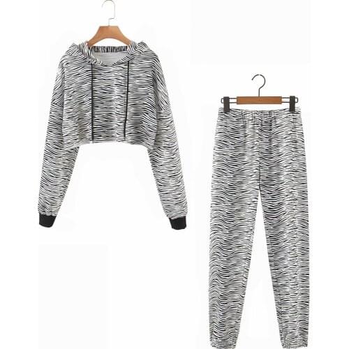 Womens suit spring and autumn new style print hooded drawstring sweater + high waist casual pants 2 piece set women