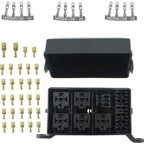 12-Slot Relay Box 6 Relays 6 ATC/ATO Standard Fuses Holder Block with 41pcs Metallic Pins Universal for Automotive Accessories