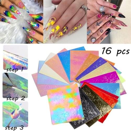 2019 New DIY Fashion Flame Nail Art Stickers 16PCS Nail Art Stickers Reflections Tape Adhesive Foils Decoration 0815#30