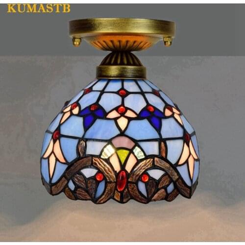 8 Inch Tiffany Stained Glass Baroque Ceiling Lamp Aisle Corridor Balcony Small LED Ceiling Light Blue Baroque LED Lampe
