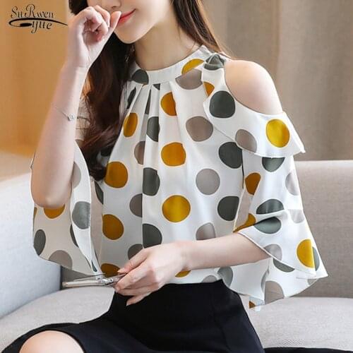 2021 Summer Korean Style Womens Blouse Short Sleeve Bottoming Shirt Polka Dot Off-Shoulder Tops Blusas Mujer De Moda 9023 50
