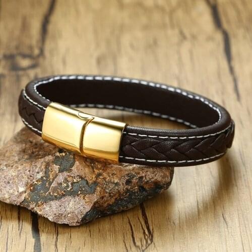 High Quality 3 Size Length Men Bracelet Leather Man Gold Color Bracelets Stainless Steel Male Black Bangles Bracelets Boy