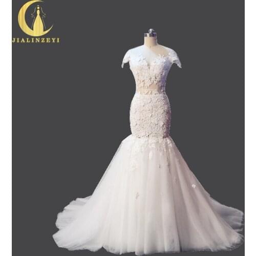 JIALINZEYI Real Picture Cap Sleeves Sexy See Through Waist Lace Fashion Mermaid Wedding Dresses arabic wedding dress 2021