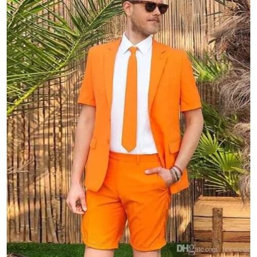 Costume Homme Mens Suits Orange Wedding Suits Bridegroom Slim Fit Casual Tuxedos Best Man Blazer Prom 2 Pcs Jacket+Shorts Pants