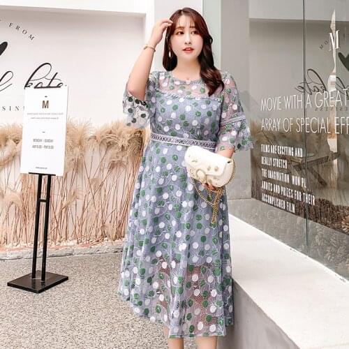 Summer Dress Lace Embroidery Korean Style XL To 4XL Plus Size Dresses Women Robes High Waist Casual Party Dress T783