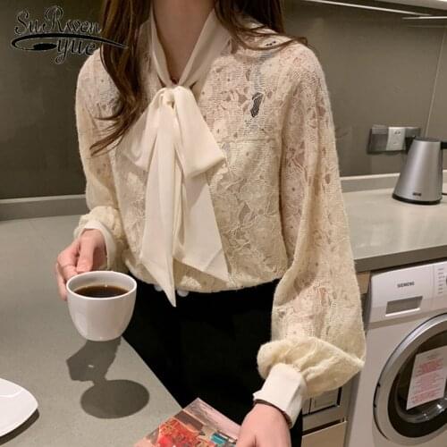 Fashion Lantern Sleeve Bow Casual Blusas Solid Woman Shirt Lace Women Blouse 2021 Autumn Korean Tops Office Lady Clothes 10566
