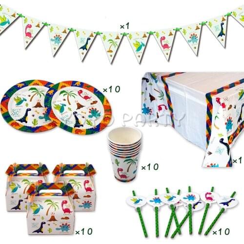 42Pcs for 10kids Dinosaur Dino theme birthday party supplies tableware set, plate+cup+straw+banner+tablecover ect