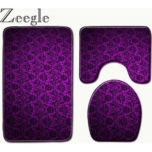 Zeegle Bathroom Carpet Set Anti Slip Set Carpet Purple Rugs Pedestal Rug Toilet Seat Cover Rug Washable Bath Floor Mat