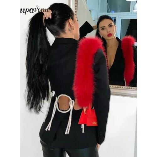 2020 New Fashion Women OL Blazer Notched Long Sleeve Back Shiny tether Hollow Out Slim Single Button High Street Black Blazer