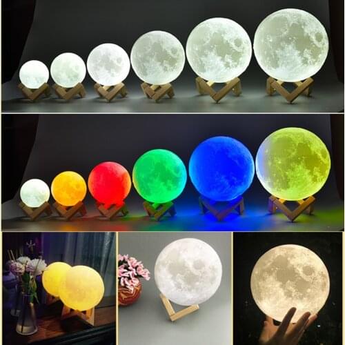 Rechargeable Moon Lamp 2 Color Change 3D Light Touch Switch 3D Print Lamp Moon Bedroom Bookcase Night Light Creative Gifts