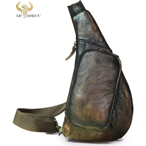 Luxury Men Genuine Leather Vintage Triangle Chest Pack Bag Design Male Sling Crossbody One Shoulder Bag Backpack Daypack 8810