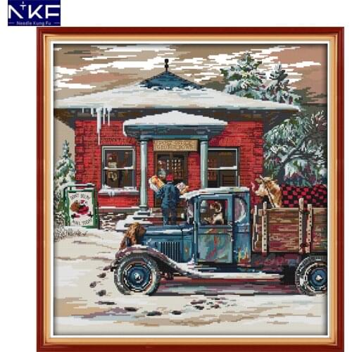 NKF Christmas Post Office Stamped Cross Stitch DIY Kits Needlework Embroidery Set Chinese Cross Stitch for Home Decor