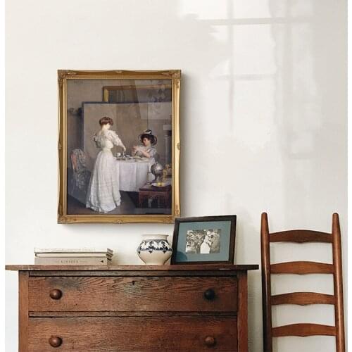 Hand-framed Paxton Girl Drinking Afternoon Tea Decorative Painting with Golden Solid Wood Corner Flower Border