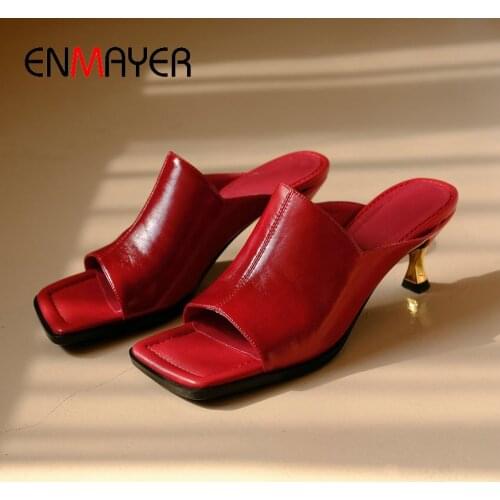 ENMAYER 2020 Sexy Slippers Women Genuine Leather Women Slides Sheepskin Solid Summer Outside Metal Decoration Shoes Woman