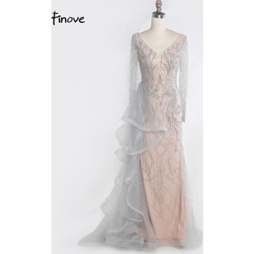 Finove Dubai Beading Long Sleeve Evening Dresses Design 2020 Luxury Mermaid Sexy Formal Dress Party Dresses For Girls