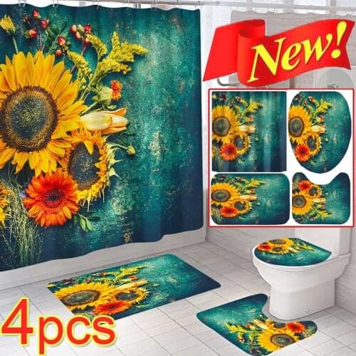 3D Waterproof Sunflower Bathroom Set Shower Curtain Non-Slip Mats Fabric Toilet Seat Cover Pedestal Rug Bathroom Accessories