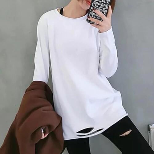 Women Autumn New Stylish Long Sleeve O Neck Solid Color Ripped Hole Long Loose Blouse T-shirt Tops