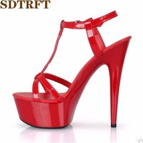 SDTRFT Plus:34-43 44 SUMMER Stilettos zapatos mujer Peep Toe sandals 15cm thin heels platform T-strap shoes woman wedding pumps