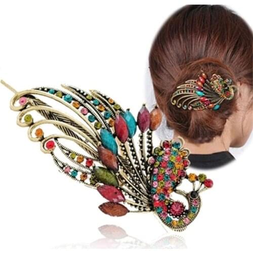 Women Vintage Metal Crystal Peacock Hair Clip Claw Clamp Donut Style Hair Pins Hair Accessories Beauty Tools