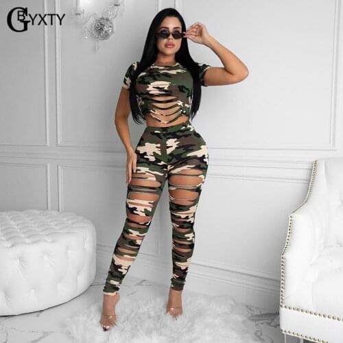 GBYXTY 2 Piece Pants Set for Women Camo Print Ripped Hollow Out Party Outfits Short Sleeve T-Shirt and Skinny Pants Suit ZL860