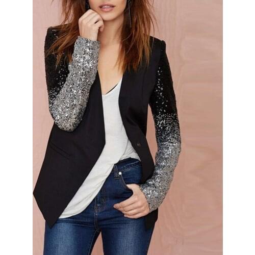 2020 Women Thin Jacket Coat Spring Autumn Long Sleeve Lapel Fashion Silver Black Sequin Elegant Slim Work Blazers Suit Feminino