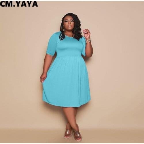 CM.YAYA Women Plus Size Dress Solid Short Sleeve O-neck Stretchy Loose Knee Length Dresses Casual Fashion Vestidos Summer 2021