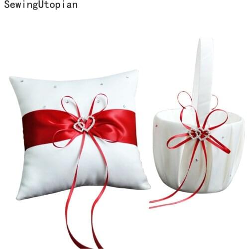 2PCS Heart Rhinestones Ivory Satin Wedding Flower Girl Basket and Ring Pillow Set Wedding Red Cute Satin Wedding Decoration