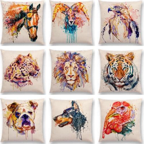 Watercolor Animals Head Portrait Bighorn Lion Leopard Tiger Bear Eagle Horse Dogs Cushion Cover Home Sofa Throw Pillow Case
