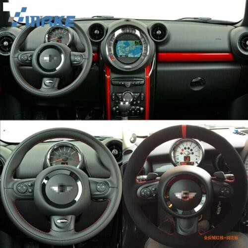 For Mini High Quality Hand-stitched Anti-Slip Black Suede Leather Red Thread DIY Steering Wheel Cover