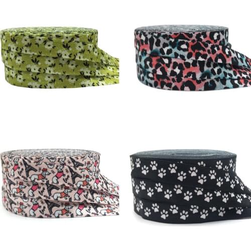 10Y 16mm Leopard Flower Bear Paw Print Fold Over Elastic Ribbon DIY Hair Ties Band Clothing Strap Accessories Headwear