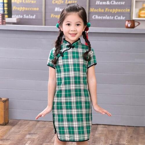 Plaid Baby Girls chinese dress Short Sleeve qipao Party cheongsam New Year Summer Cotton Dresses