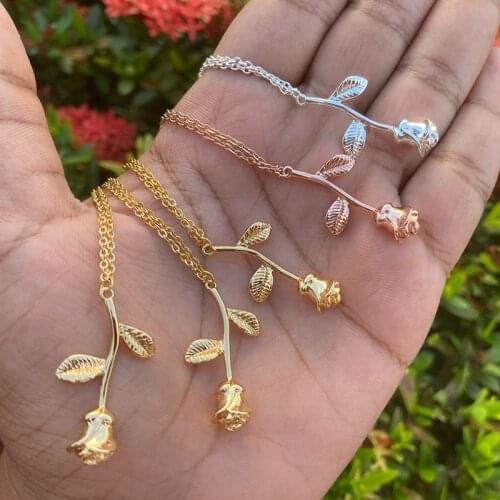 Rose Flower Necklace For Women Stainless Steel Beauty and the Beast Pendant Necklaces Charm Boho Jewelry Valentines day Gift