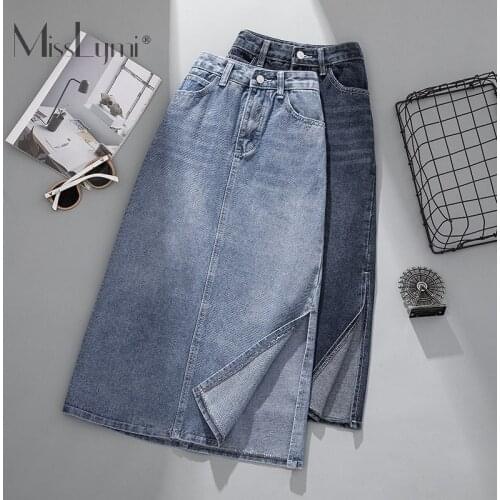 L-4XL Women High Waist Mid-Length Denim Skirt Classic Summer 2021 Plus Size Thin Section Side Split Pack Hip A-line Skirt Female